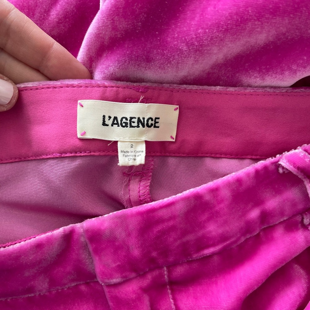 L'Agence Lane Flared‎ Trouser 2 Hot Pink Silk Blend Velvet Wide Leg French Chic - Picture 12 of 14